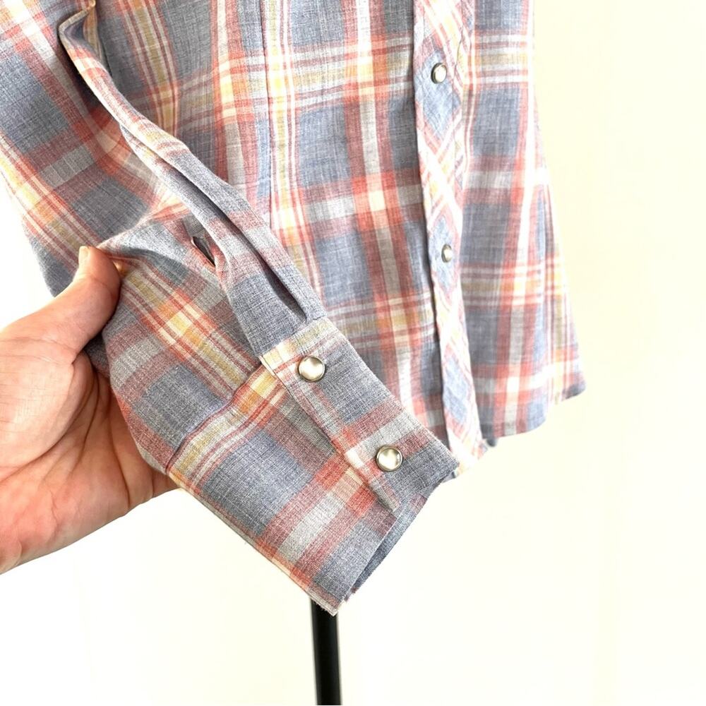Vintage Pastel Western Pearl Snap Shirt Pink and Blue Plaid Fenton - Picture 6 of 14
